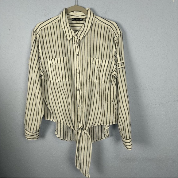 Karl Lagerfeld Stripe Linen Cotton Blend Front Tie Shirt - Picture 1 of 7